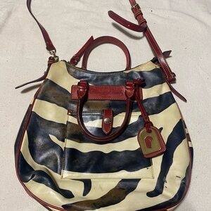 Dooney & Bourke Cream and Black Zebra Leather Tote with Red Trim